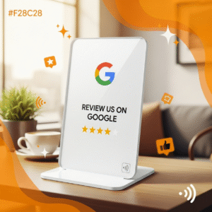 ستاند قوقل NFC – تصميم أبيض أنيق لجمع التقييمات